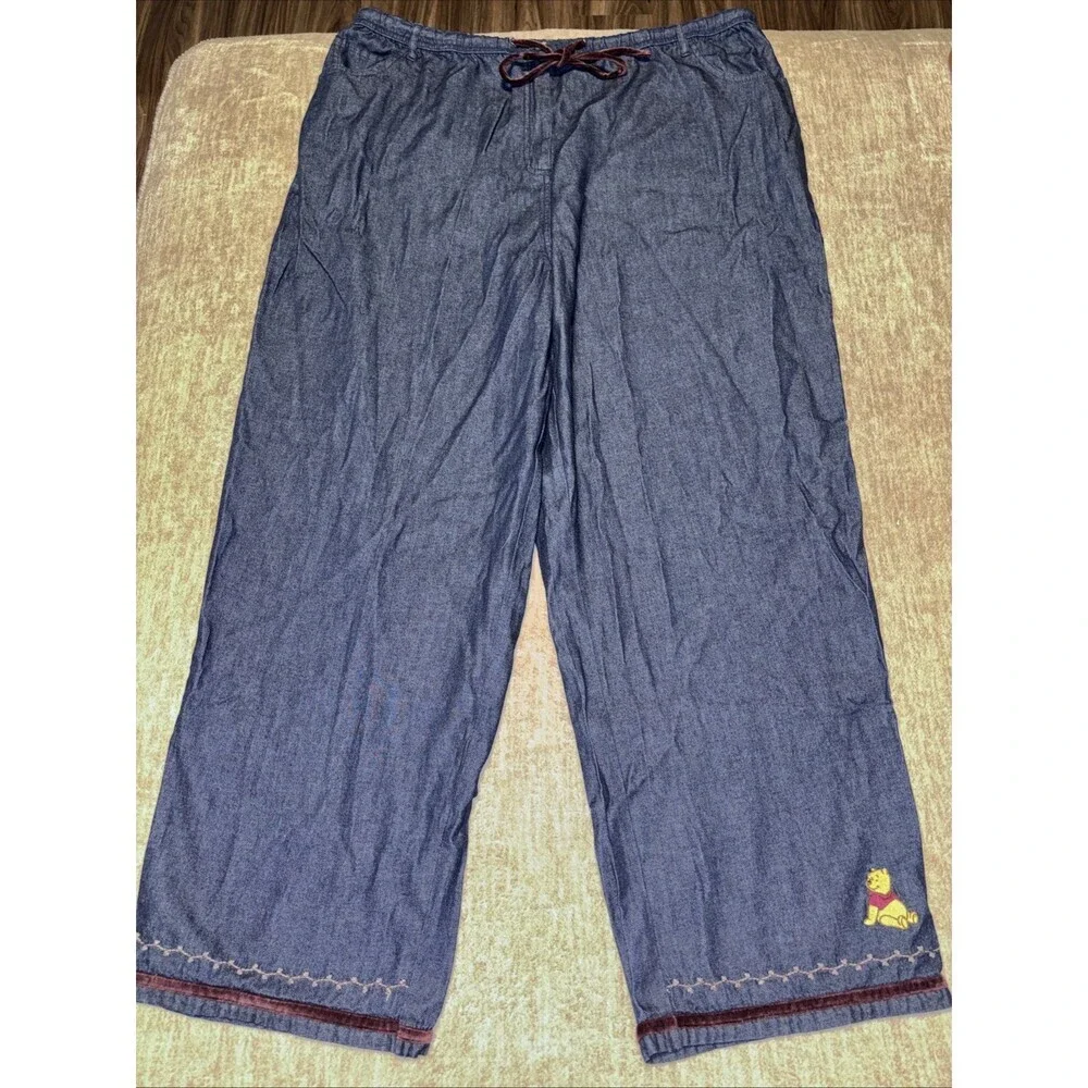 Vintage Disney Winnie The Pooh Velvet Trim Embroidered Cropped Jeans Pants XXL